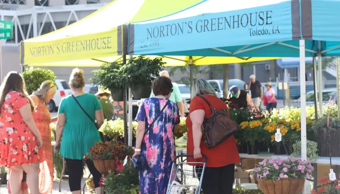 Patrons peruse stalls at the Cedar Rapids Farmers' Market