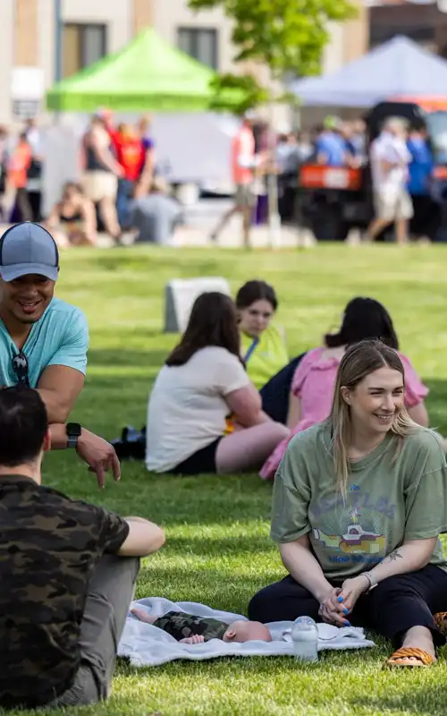 Many people sit on blankets and enjoy a sunny day on a green lawn in the park